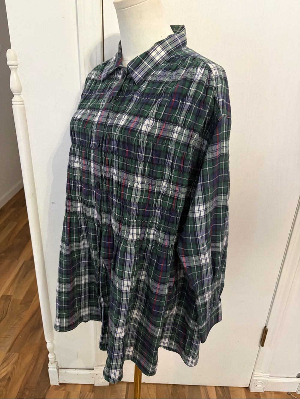Smocked Top Green Navy Plaid Button-Down Peplum Preppy Cute Shirt, Roomy M, EUC